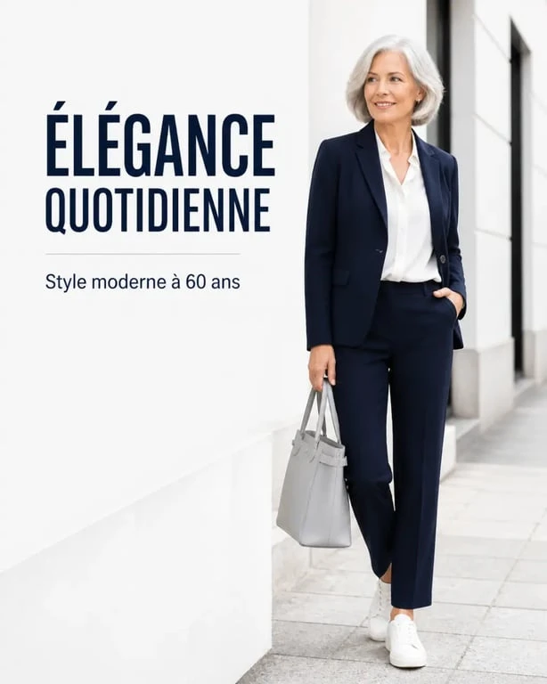 Mode femme 60 ans : femme élégante de 60 ans en tenue moderne chic et confortable en ville