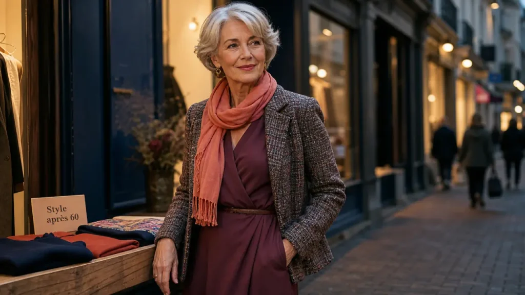 Mode femme 60 ans : robe portefeuille prune, tweed et foulard au crépuscule
