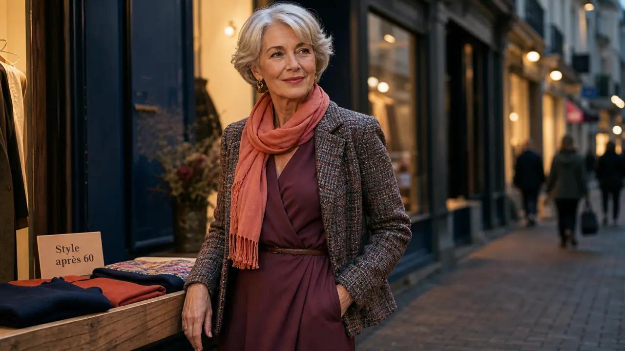 Mode femme 60 ans : robe portefeuille prune, tweed et foulard au crépuscule