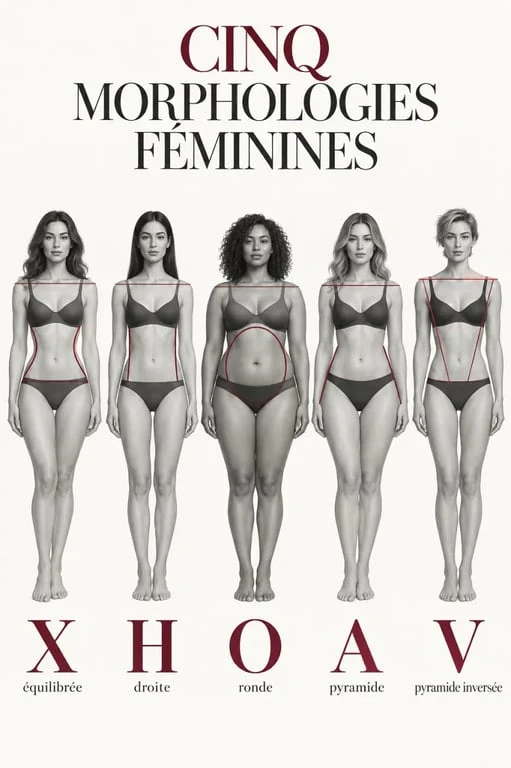 Schéma des cinq morphologies féminines X H O A V pour conseil mode femme