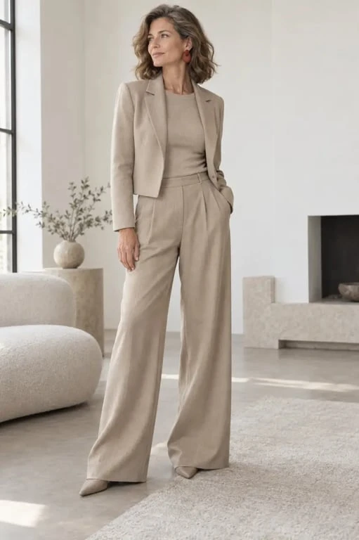 Mode 2026 femme 50 ans avec pantalon large fluide et proportions équilibrées