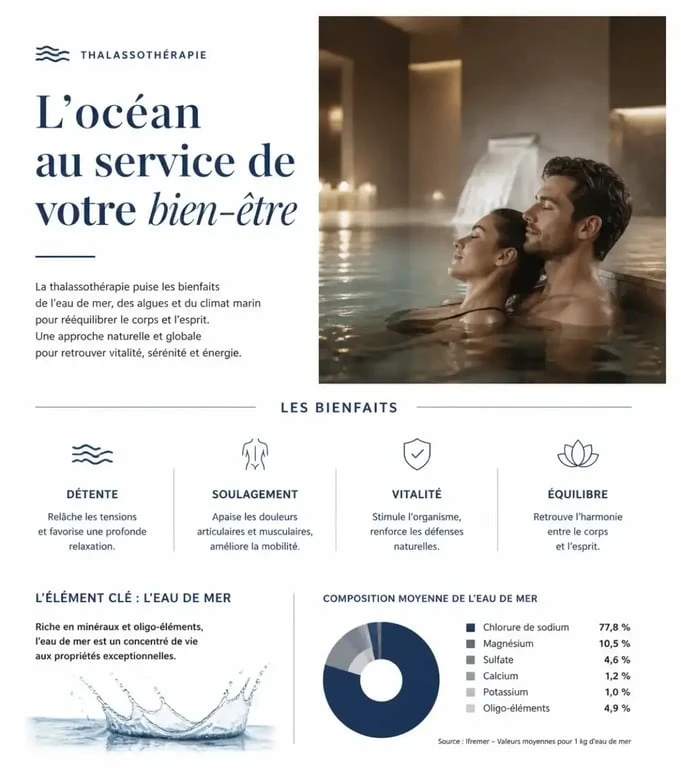Couple profitant d'un week-end thalasso en amoureux dans un bassin d'eau de mer chauffée