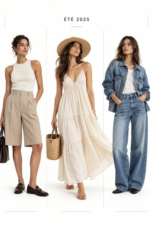 Trois idées de looks de mode été 2025 femme avec bermuda, robe longue et denim