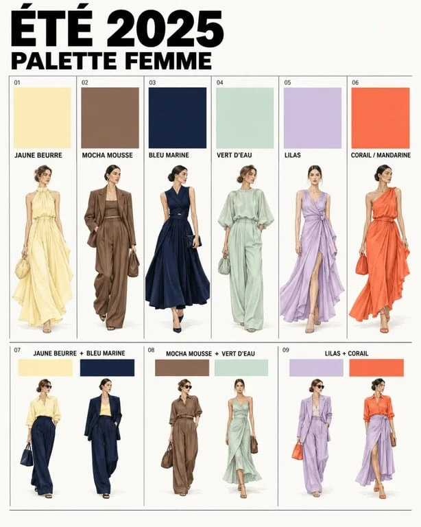 Palette de couleurs de la mode été 2025 femme et associations tendance