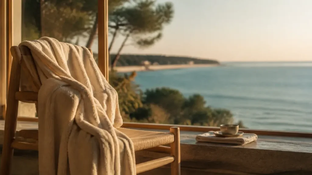Ile d oleron thalasso, plage de Gatseau, peignoir et tasse de thé