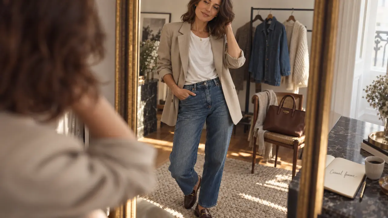 Look casual femme, blazer beige et jean droit, style chic