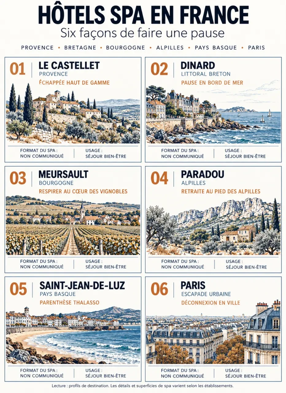 Infographie comparative des hôtels spa en France selon le cadre, la taille du spa et le type de séjour