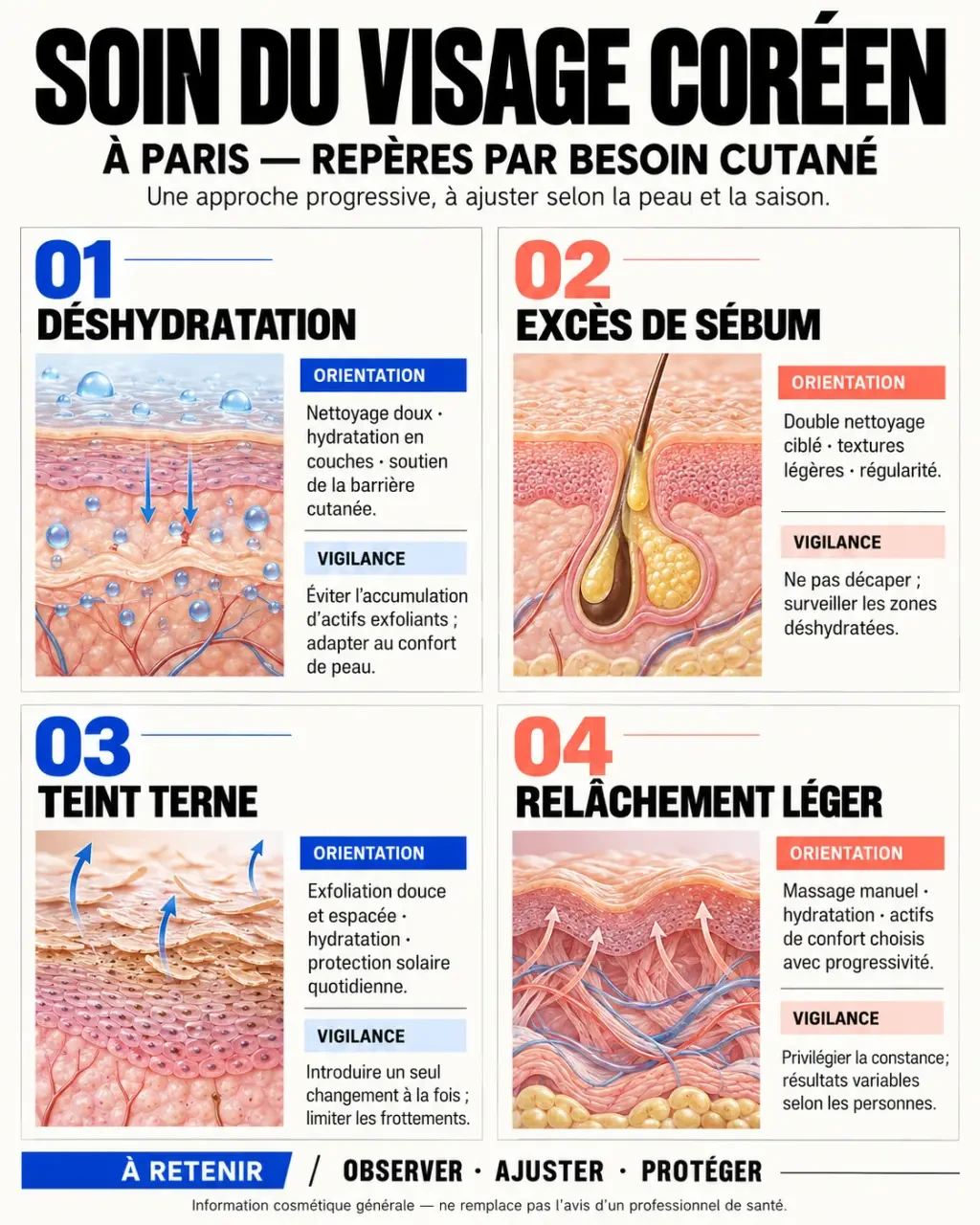 Infographie sur le soin du visage coréen à Paris selon les besoins de la peau