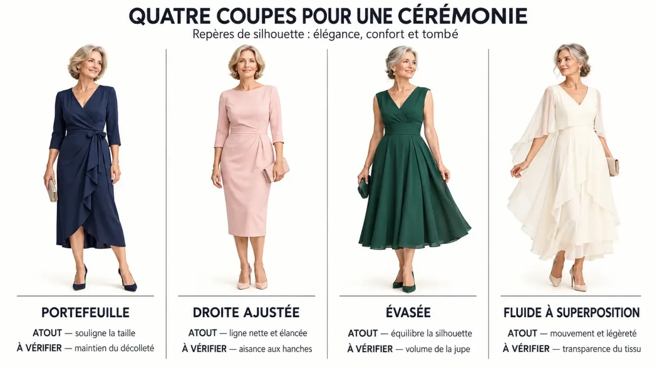 Infographie des quatre coupes de robe cérémonie femme 60 ans : portefeuille, droite, évasée et fluide