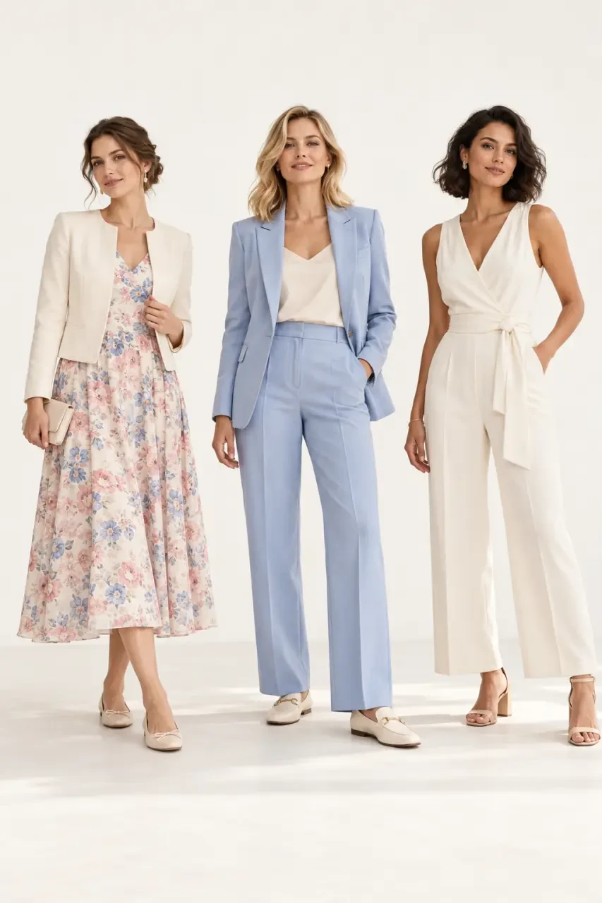 Trois idées de tenue femme baptême avec robe midi, tailleur et combinaison élégante