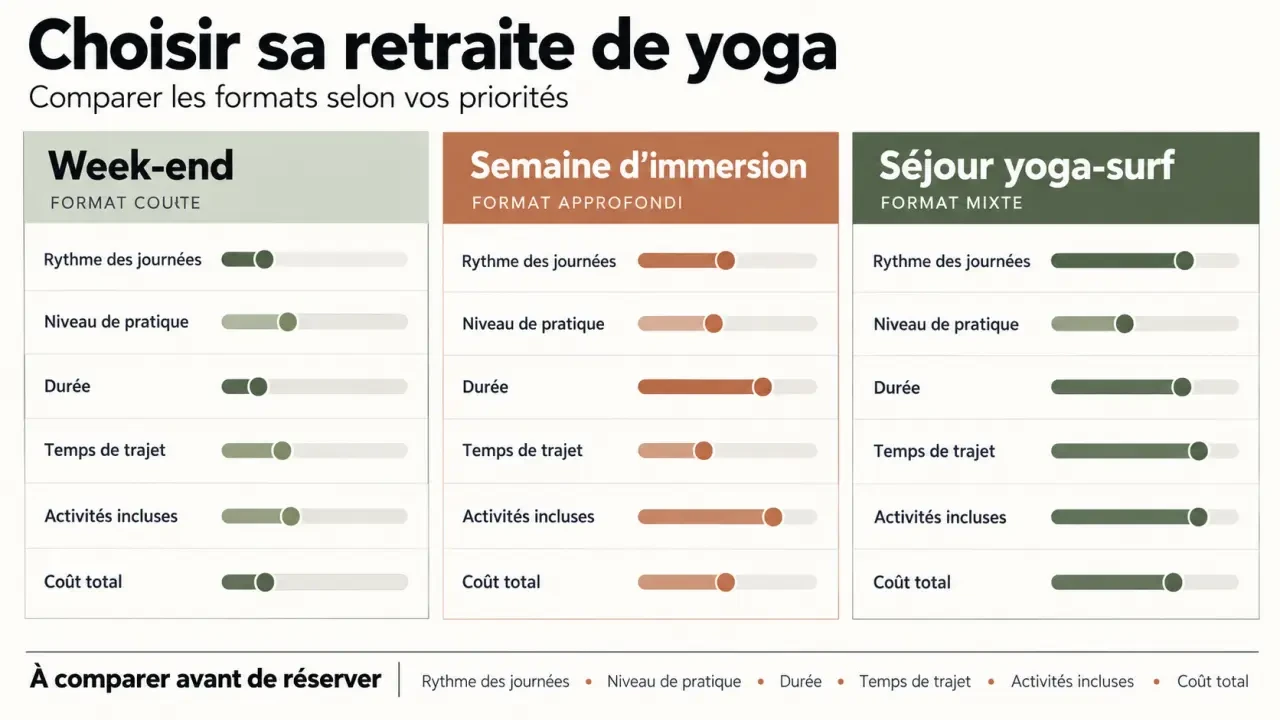 Visuel éditorial pour choisir une yoga retraite selon la durée, le niveau et le programme