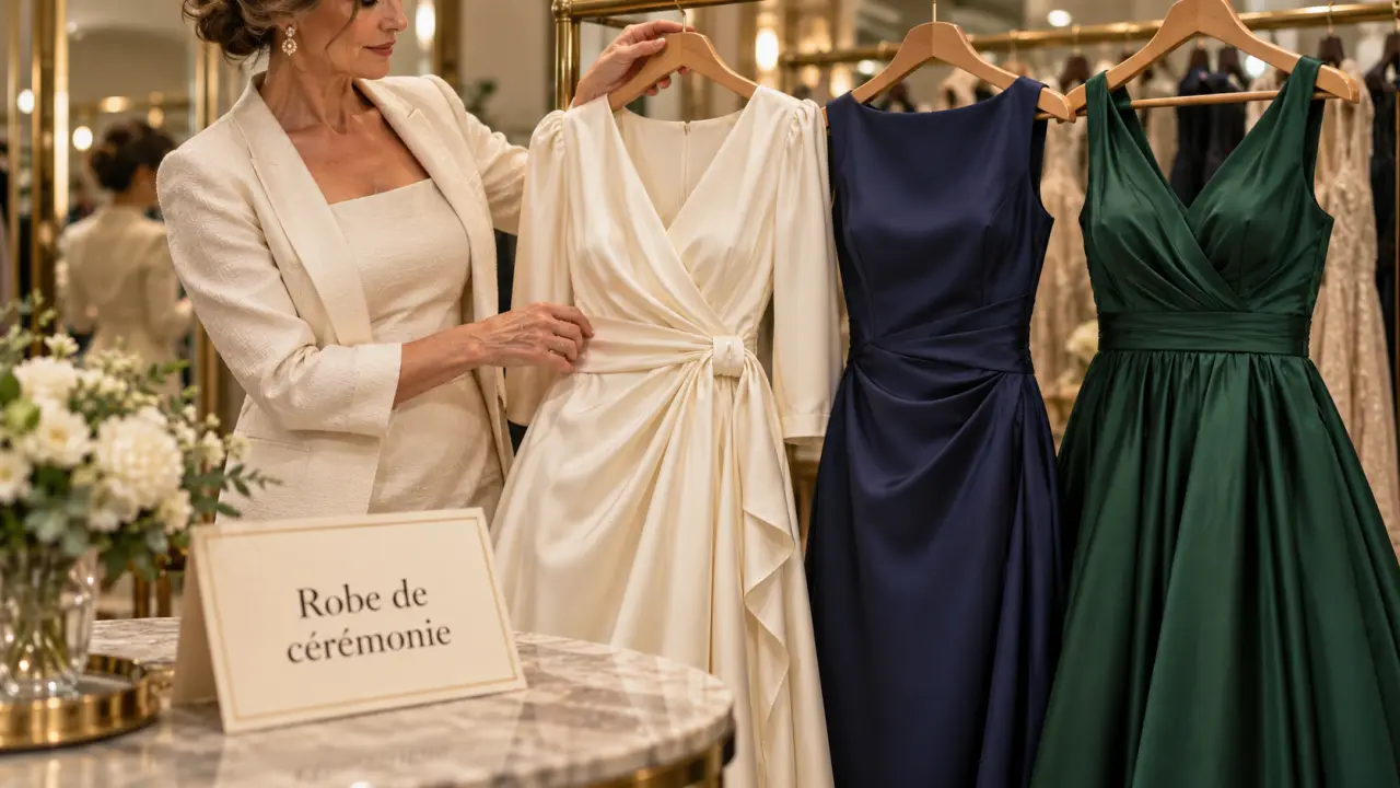 Robe cérémonie femme 60 ans, 4 coupes élégantes en boutique