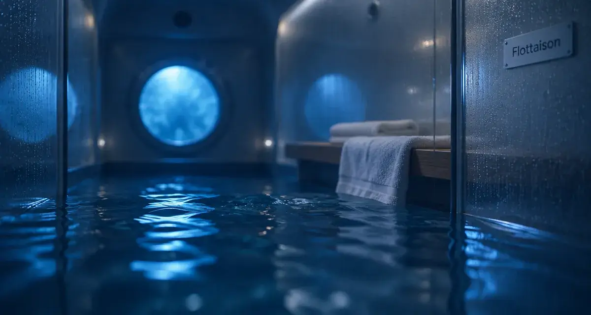 Seance flottaison : cabine acrylique, eau salée, lumière bleutée