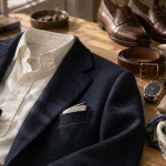 Style bcbg : blazer marine, chemise blanche et mocassins en cuir