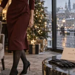 Tenue invité mariage hiver : robe midi bordeaux et manteau en laine